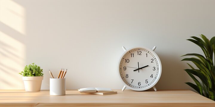 Mockup of a white background with an empty frame, a round wall clock, supplies, and a cup. desk for a home office with small space.