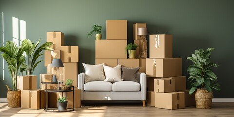 Moving day concept. Carton boxes stack with household belongings in modern house living room. - obrazy, fototapety, plakaty