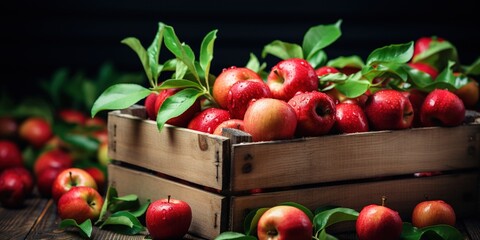 Natural red apples with green leaves in wooden box with label with text 100 percent organic. Concept of new crop and harvest. Seasonal, farm fruits.
