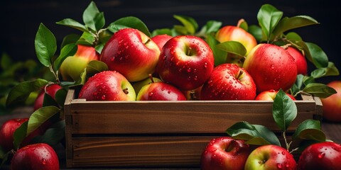 Natural red apples with green leaves in wooden box with label with text 100 percent organic. Concept of new crop and harvest. Seasonal, farm fruits.