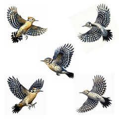 Obraz premium A set of American three-toed woodpeckers flying isolated on a white background