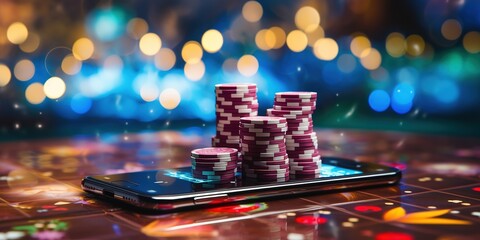 Online casino banner. Smartphone with playing chips on table on blurred neon background with bokeh effect. Internet gambling concept.