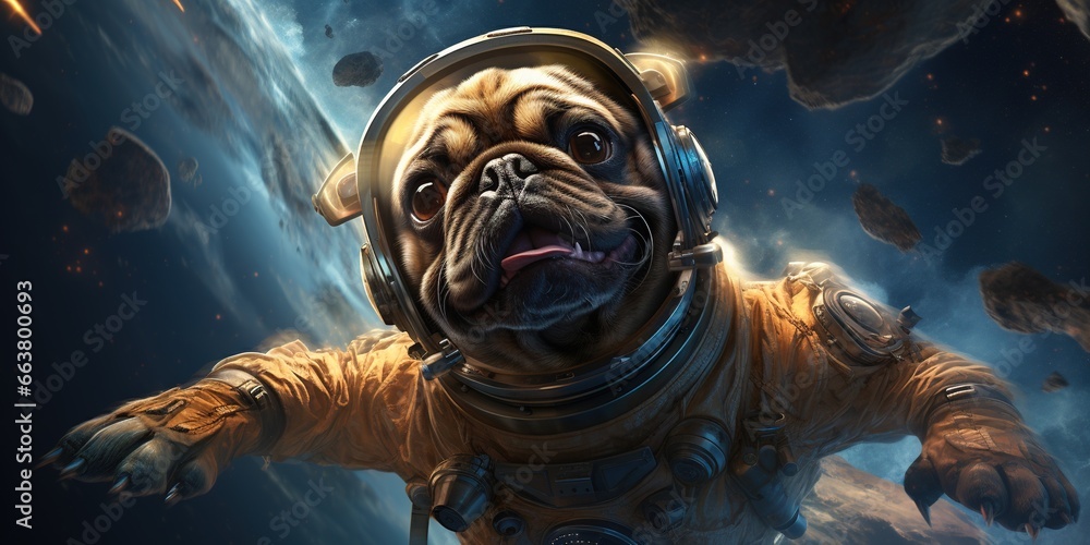 Poster pug in a spacesuit in outer space.