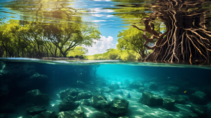 Underwater photograph of a mangrove forest with floor