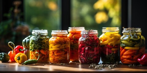 Probiotic food. Pickled or fermented vegetables. Lecho, sweet peppers in glass jars on a tile table with shadows and autumn leaves. Mockup of food preserving or canning. Preserving the harvest - obrazy, fototapety, plakaty
