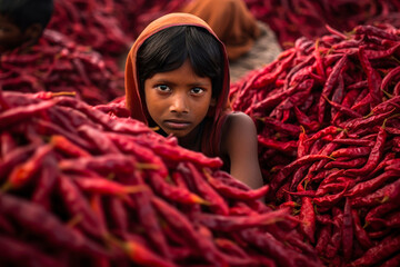 Generative AI illustration of child ethnic man in lying in the middle of red peppers on blurred background at fair looking at camera