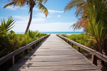 Fototapeta na wymiar an empty wooden boardwalk leading to a tropical beach