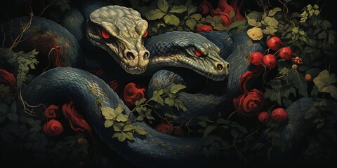Snakes starts in the spring mating season. Many snakes gathered in the tangle. Illustration for cover, card, postcard, interior design, decor or print - obrazy, fototapety, plakaty