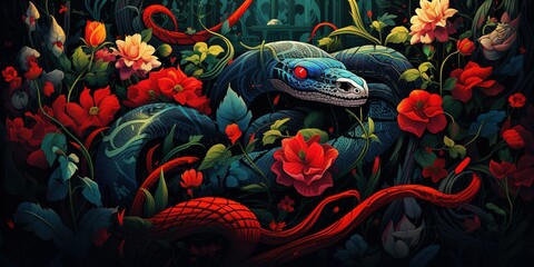 Snakes starts in the spring mating season. Many snakes gathered in the tangle. Illustration for cover, card, postcard, interior design, decor or print - obrazy, fototapety, plakaty