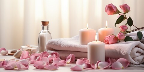 Spa relax composition with bath beauty products, cosmetics and candles on a white table with rose...