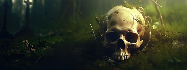 Old decomposed human skull on an overgrown grave in a forgotten forest, covered in green moss and surrounded by trees and tall grass. - Powered by Adobe