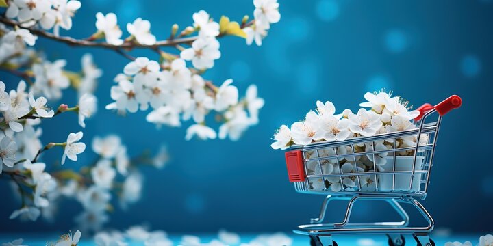 Shopping cart or trolley on blue background with white flowers and copy space. Spring season sale, spring shopping in supermarket concept