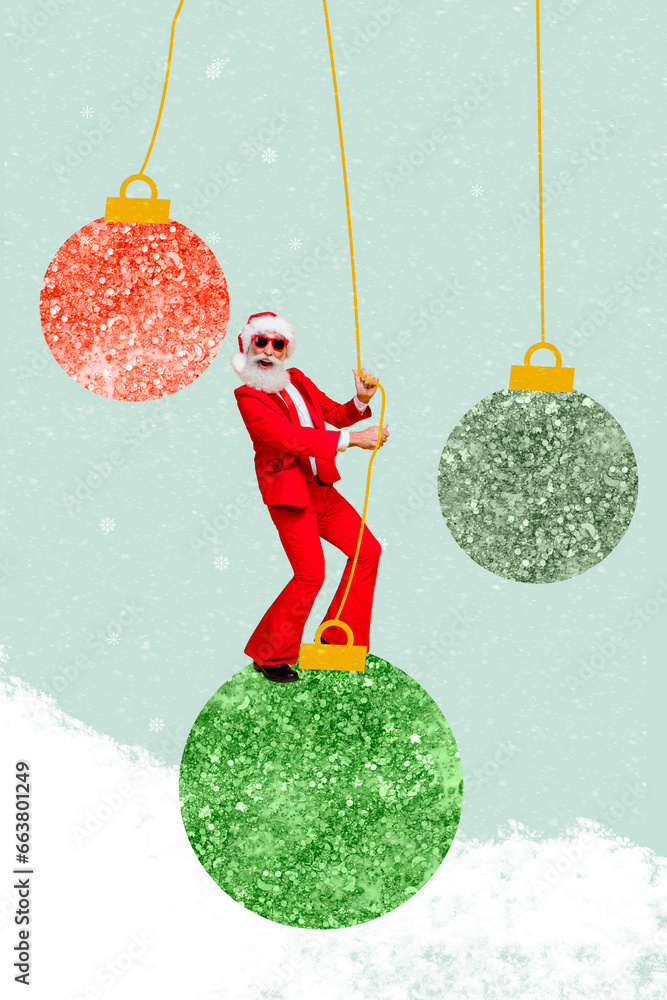 Wall mural brochure greeting card collage of cheerful crazy jolly santa claus in glamour red suit swinging on h