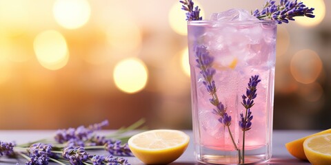 Summer trendy drink. Lavender lemonade with lavender flowers, lemon and ice cubes in transparent glass on table on blurred restaurant interior background. Healthy refreshing beverage. - obrazy, fototapety, plakaty