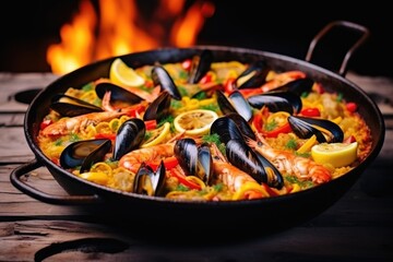 a colorful seafood paella in a pan - obrazy, fototapety, plakaty