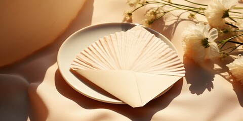 Summer minimal wedding stationery. Bank beige envelope mockup on ceramic scallop ceramic plate in sunlight with shadows.