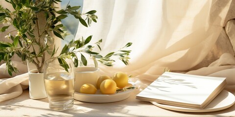 Summer wedding stationery. Greeting card mockup on plate. Beige marble backdrop. Olive branches, fruit, silk ribbon in sunlight.