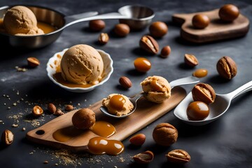Fototapeta na wymiar Home made caramel nut ice cream spoon and balls on the kitchen board, on a stone gray table 