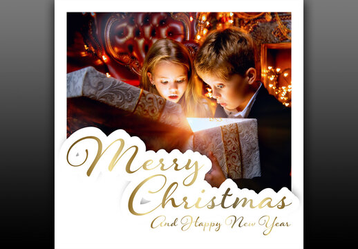 Christmas winter family photo card layout template with white border and golden text