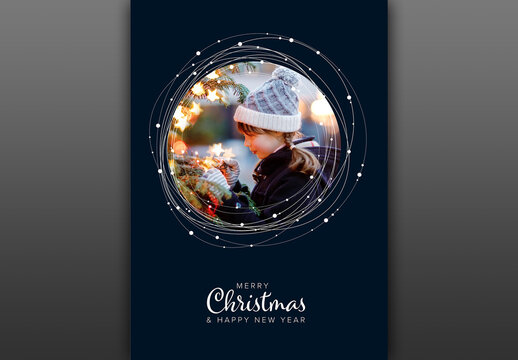 Christmas winter family photo card layout template with dark blue background and white  border