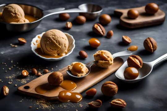 Home made caramel nut ice cream spoon and balls on the kitchen board, on a stone gray table 