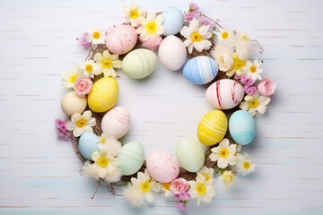 an easter wreath with pastel-colored eggs and spring flowers