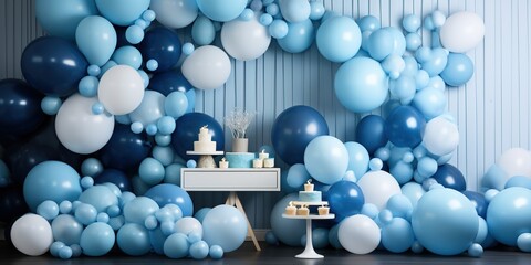The studio is decorated with balloons blue holiday