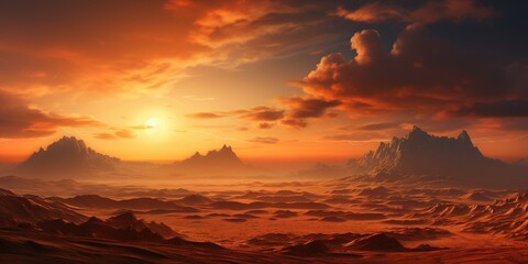 The sun is setting over a desert with sand dunes and mountains in the distance, with a few clouds in the sky, and the sun setting over the horizon.