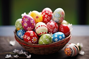 Fototapeta na wymiar a colourful easter egg basket with decorated eggs