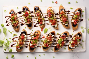 flat-lay of vegan caprese bruschetta with balsamic reduction
