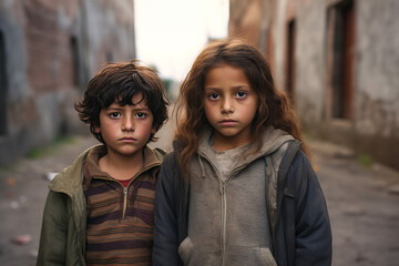 Generative AI image of serious kids standing in street while looking at camera against blurred background