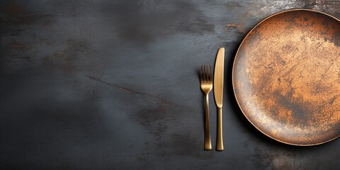 Top view of An empty plate with cutlery on a dark concrete background - obrazy, fototapety, plakaty