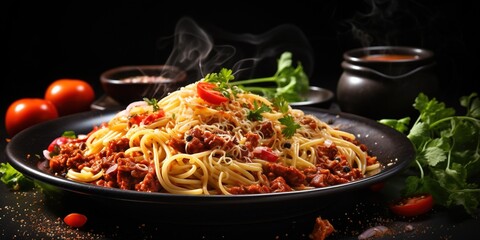 Traditional spaghetti bolognese. Food composition with hot pasta in a black plate with fork on a black textured background with copy space. Mediterranean, Italian food, simple dish
