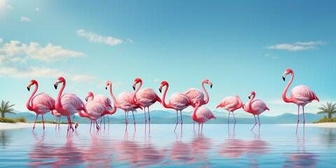 Travel and resort banner with funny pink flamingos standing in clear blue sea with clear sunny sky. Concept of summer vacation, traveling and resting on sea resort.