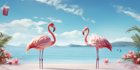 Fototapeta premium Travel and resort banner with funny pink flamingos standing in clear blue sea with clear sunny sky. Concept of summer vacation, traveling and resting on sea resort.