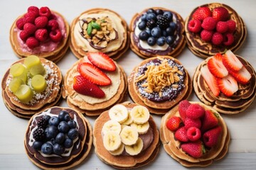 grid of vegan pancakes topped with various fruits: strawberry, blueberry, banana