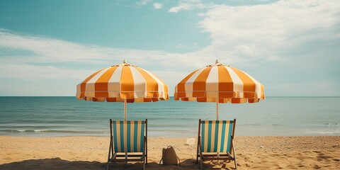 Two beach umbrellas sitting on top of a sandy beach. - Powered by Adobe