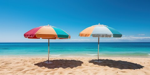 Two beach umbrellas sitting on top of a sandy beach.