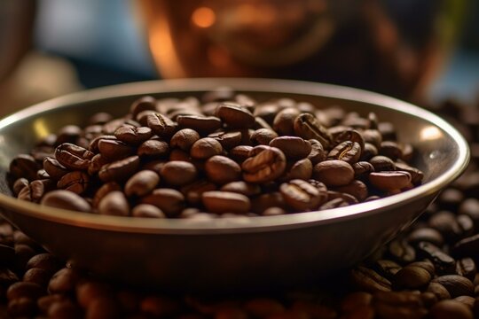 Macro shot of roasted coffee beans in a plain coffee cup. Generative AI