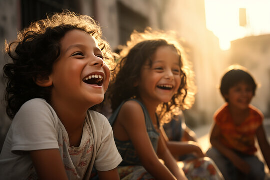 Generative AI image of happy kids sitting in street while looking away against blurred background at sunset