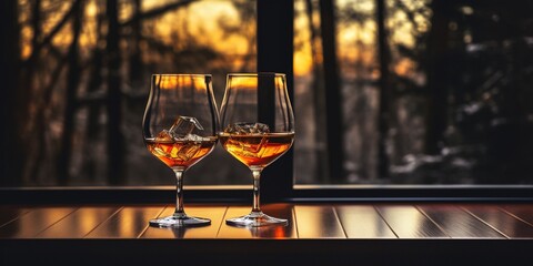 Two glasses of alcohol sitting on a table in front of a window.
