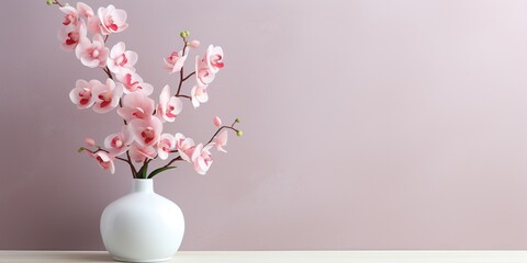 Vase with orchids on the wall, copy space, mockup