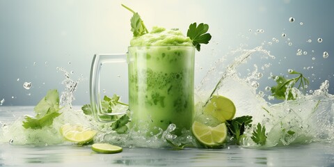 Vegan vegetable smoothie in glass mug on light background with flying pieces of green vegetables and splashes. Healthy food. Detox menu.