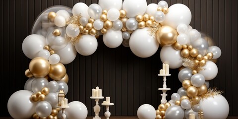Fototapeta na wymiar White and gold balloons with a frame, garland decoration elements, frame arch wedding event gender reveal birthday celebration