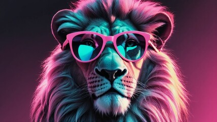 a lion wearing pink glasses and a pink background