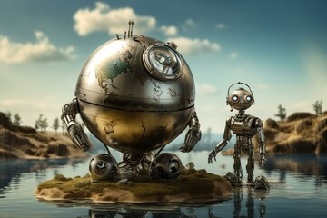 a metallic automaton standing next to our planet. Generative AI