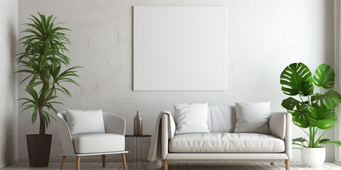 White blank poster mockup in living, scandinavian style