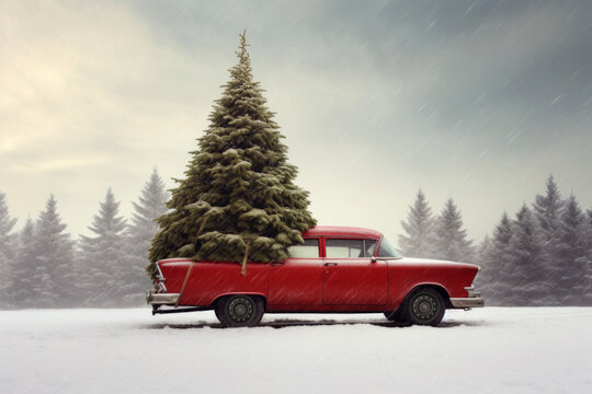AI generative images of red car transporting Christmas tree by the winter snowy country road