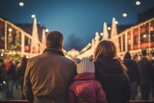 AI generated image of back view on a family enjoying the view of the Christmas decorated city at night