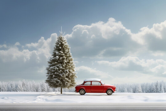 AI generative images of red car driving next to the spruce on a winter snowy country road